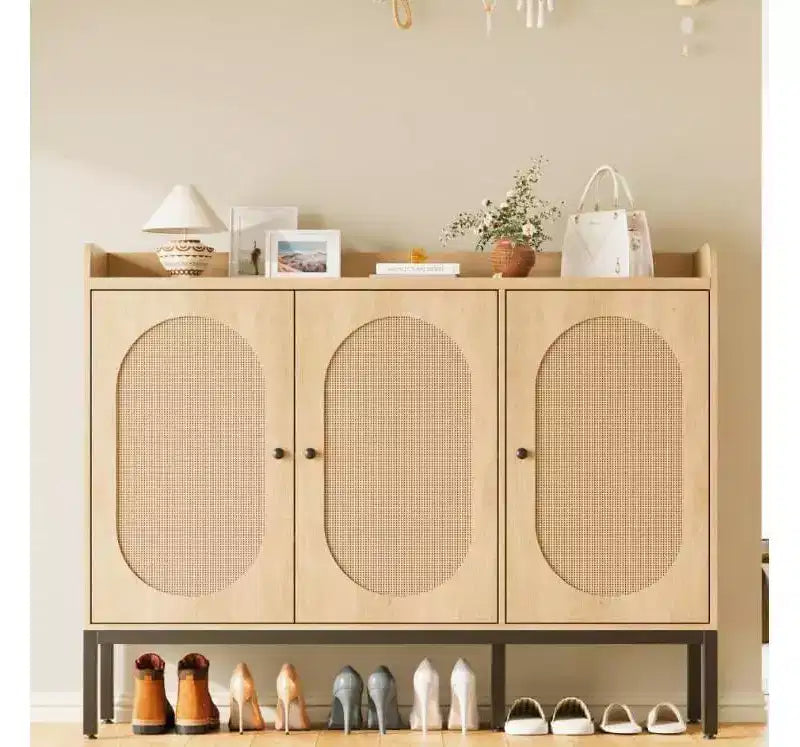 3-Door Shoe Storage Cabinet with Rattan Panels and Adjustable Shelves