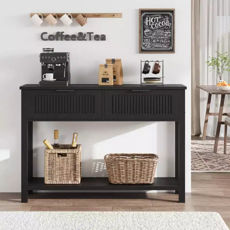 Fluted Console Table with 2 Drawers, Black Finish – 43.3" W x 11.8" D x 31.4" H