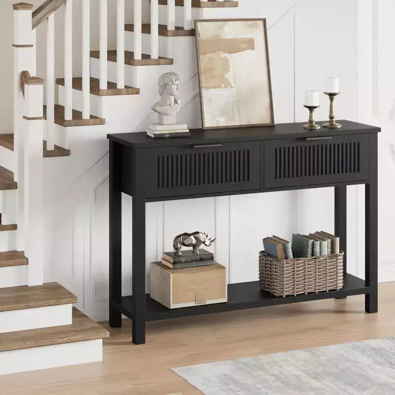 Fluted Console Table with 2 Drawers, Black Finish – 43.3" W x 11.8" D x 31.4" H