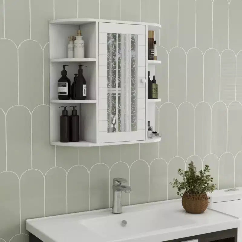 Wall-Mounted Mirror Cabinet with Adjustable Shelves and Open Storage