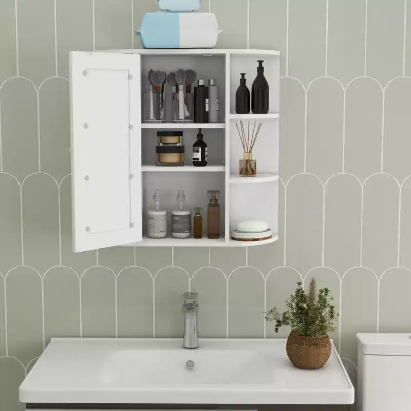Wall-Mounted Mirror Cabinet with Adjustable Shelves and Open Storage