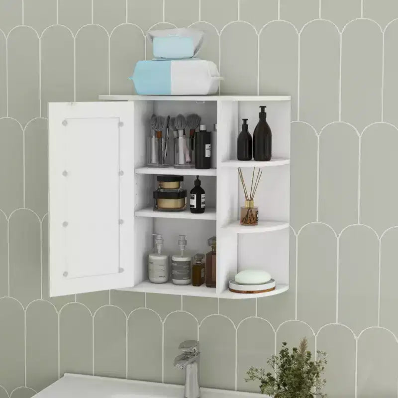 Wall-Mounted Mirror Cabinet with Adjustable Shelves and Open Storage