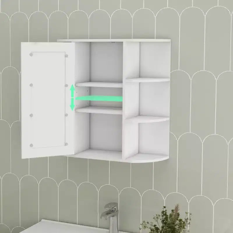 Wall-Mounted Mirror Cabinet with Adjustable Shelves and Open Storage