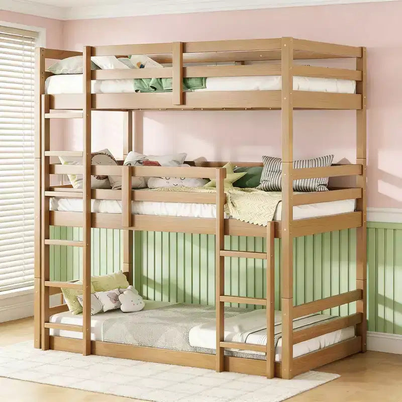 Twin Triple Wood Bunk Bed with 2 Built-in Ladders, Detachable into 3 Twin Beds