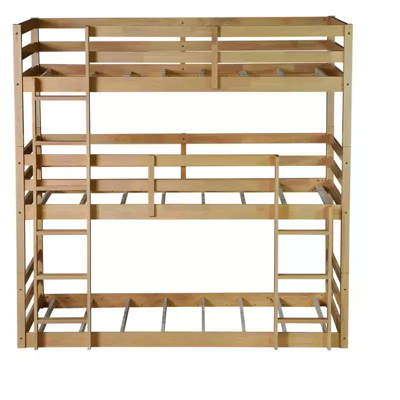 Twin Triple Wood Bunk Bed with 2 Built-in Ladders, Detachable into 3 Twin Beds