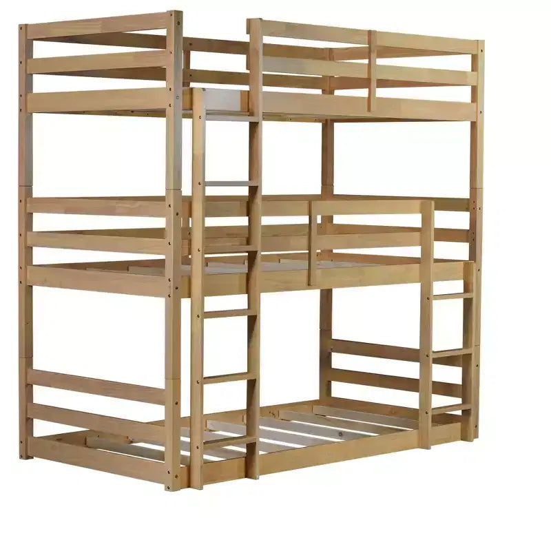 Twin Triple Wood Bunk Bed with 2 Built-in Ladders, Detachable into 3 Twin Beds