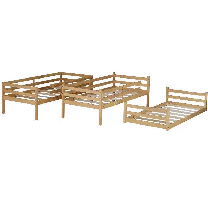Twin Triple Wood Bunk Bed with 2 Built-in Ladders, Detachable into 3 Twin Beds