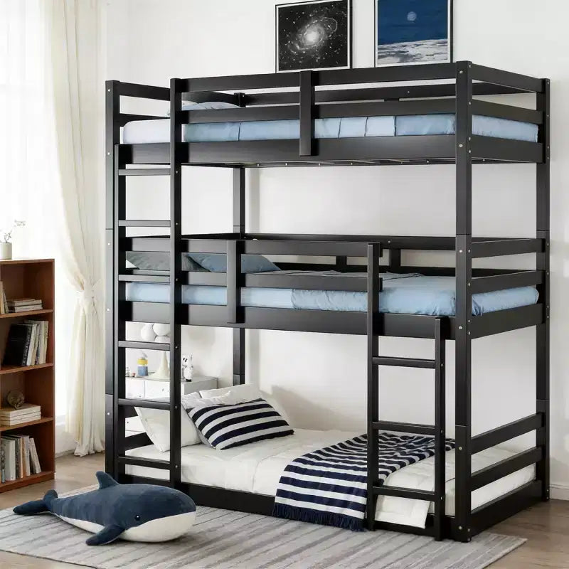 Twin Triple Wood Bunk Bed with 2 Built-in Ladders, Detachable into 3 Twin Beds