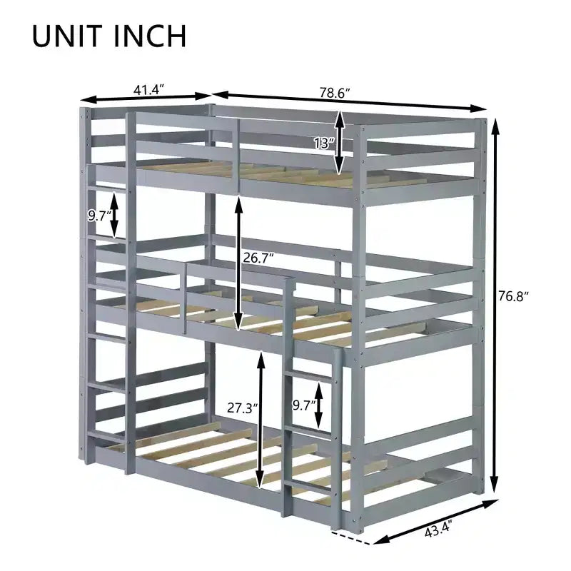 Twin Triple Wood Bunk Bed with 2 Built-in Ladders, Detachable into 3 Twin Beds