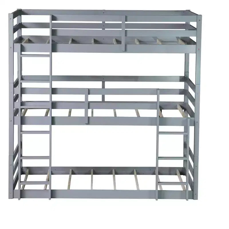 Twin Triple Wood Bunk Bed with 2 Built-in Ladders, Detachable into 3 Twin Beds