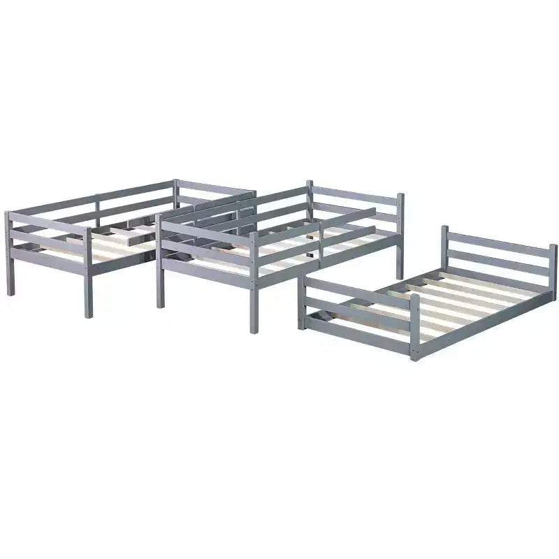 Twin Triple Wood Bunk Bed with 2 Built-in Ladders, Detachable into 3 Twin Beds