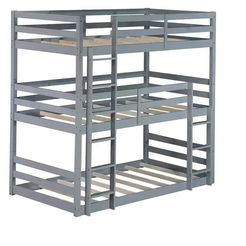 Twin Triple Wood Bunk Bed with 2 Built-in Ladders, Detachable into 3 Twin Beds
