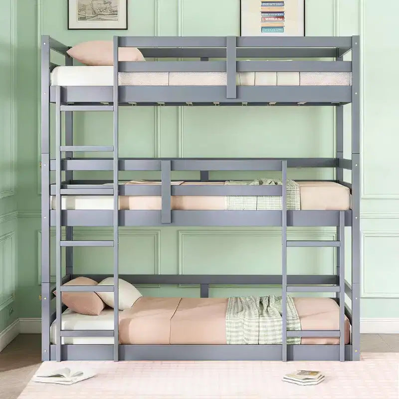 Twin Triple Wood Bunk Bed with 2 Built-in Ladders, Detachable into 3 Twin Beds