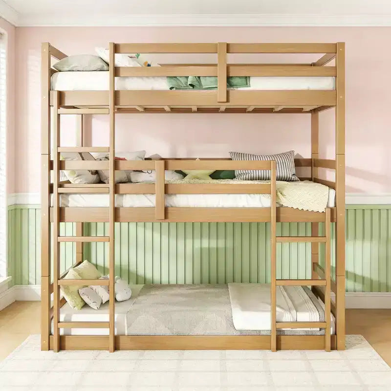 Twin Triple Wood Bunk Bed with 2 Built-in Ladders, Detachable into 3 Twin Beds