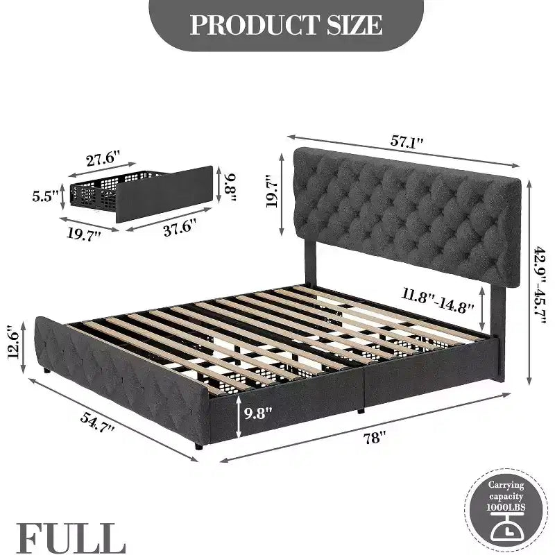 Full Size Bed Frame with 4 Storage Drawers and Adjustable Headboard, Upholstered Platform Bed, No Box Spring Required, Grey