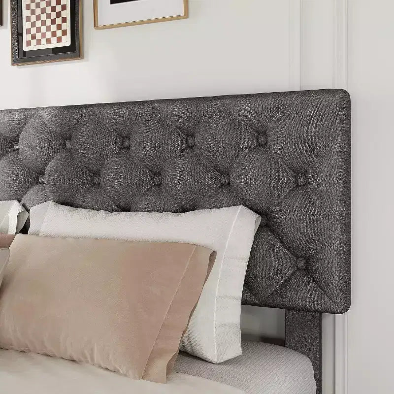 Full Size Bed Frame with 4 Storage Drawers and Adjustable Headboard, Upholstered Platform Bed, No Box Spring Required, Grey