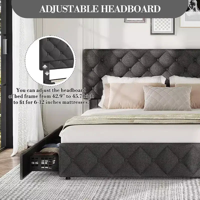 Full Size Bed Frame with 4 Storage Drawers and Adjustable Headboard, Upholstered Platform Bed, No Box Spring Required, Grey