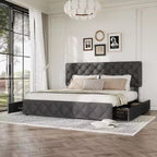 Full Size Bed Frame with 4 Storage Drawers and Adjustable Headboard, Upholstered Platform Bed, No Box Spring Required, Grey