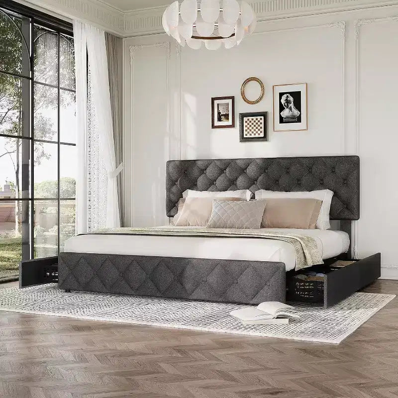 Full Size Bed Frame with 4 Storage Drawers and Adjustable Headboard, Upholstered Platform Bed, No Box Spring Required, Grey