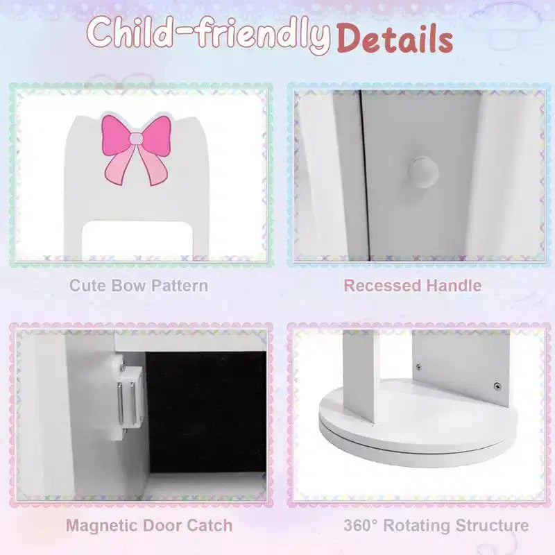 Kids MDF Jewelry Cabinet with Rotatable Base, 1 Door and 1 Shelf – White