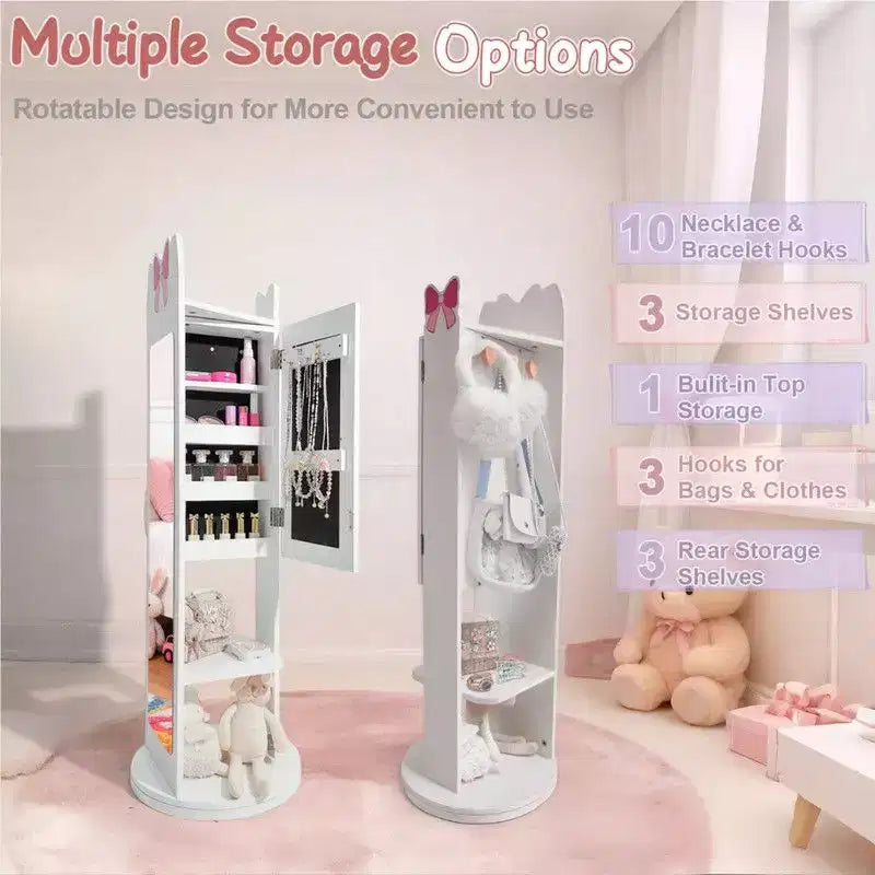 Kids MDF Jewelry Cabinet with Rotatable Base, 1 Door and 1 Shelf – White