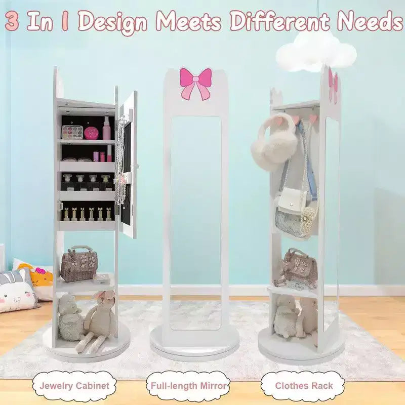 Kids MDF Jewelry Cabinet with Rotatable Base, 1 Door and 1 Shelf – White