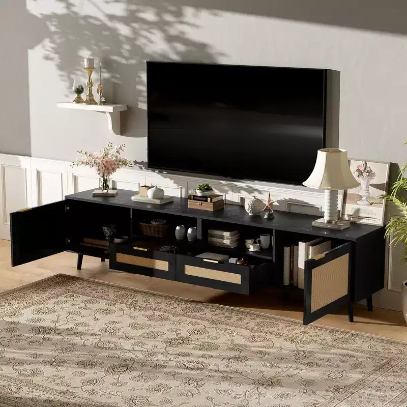 Rattan TV Stand for TVs up to 85 Inches with Storage Cabinets and Open Shelves