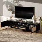 Rattan TV Stand for TVs up to 85 Inches with Storage Cabinets and Open Shelves