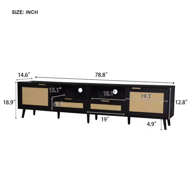 Rattan TV Stand for TVs up to 85 Inches with Storage Cabinets and Open Shelves