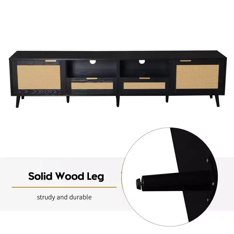 Rattan TV Stand for TVs up to 85 Inches with Storage Cabinets and Open Shelves