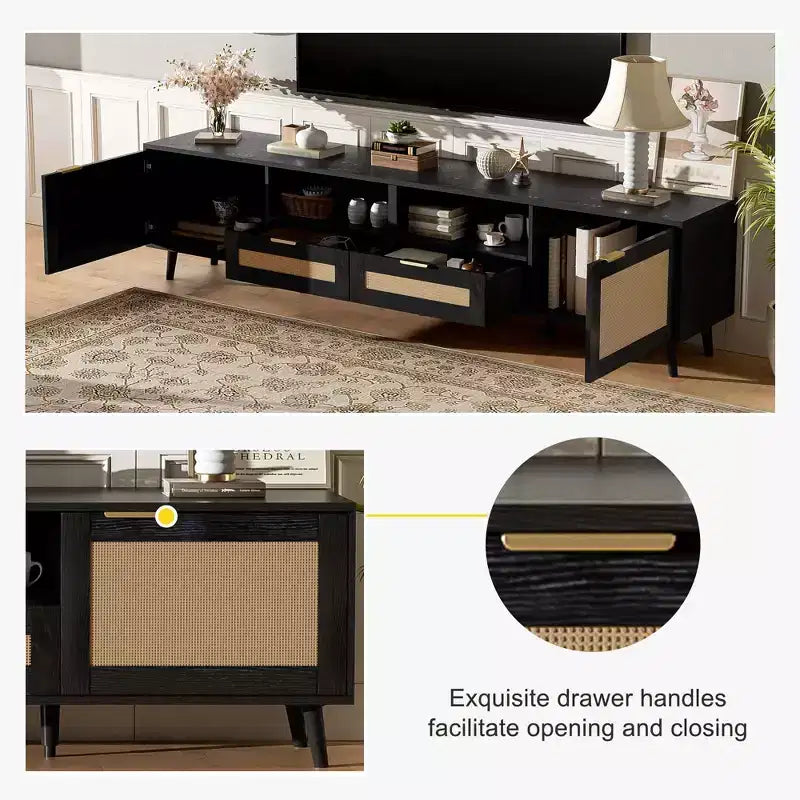 Rattan TV Stand for TVs up to 85 Inches with Storage Cabinets and Open Shelves