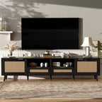 Rattan TV Stand for TVs up to 85 Inches with Storage Cabinets and Open Shelves