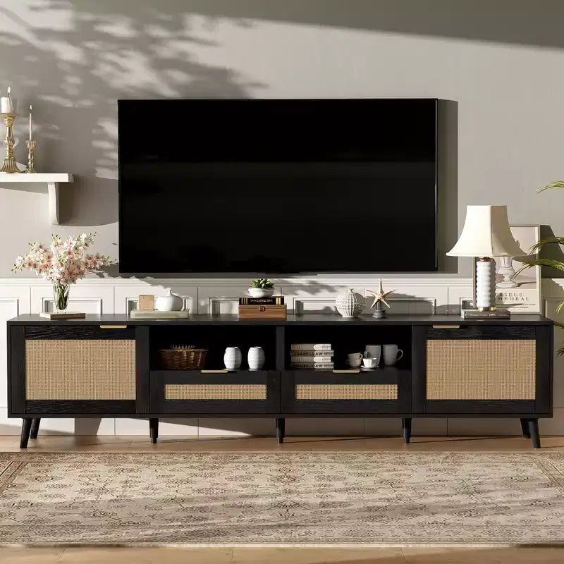 Rattan TV Stand for TVs up to 85 Inches with Storage Cabinets and Open Shelves