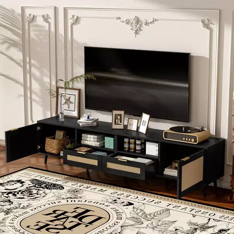 Rattan TV Stand for TVs up to 85 Inches with Storage Cabinets and Open Shelves