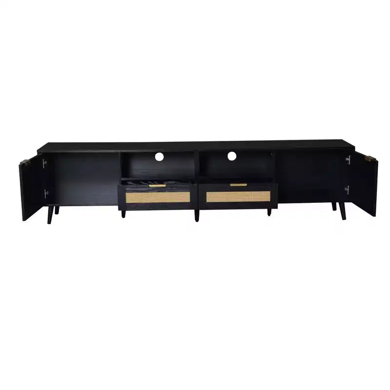 Rattan TV Stand for TVs up to 85 Inches with Storage Cabinets and Open Shelves