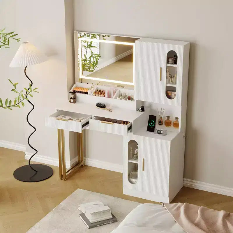 Fluted Vanity Desk with LED Mirror, Drawers and Cabinets