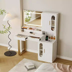 Fluted Vanity Desk with LED Mirror, Drawers and Cabinets