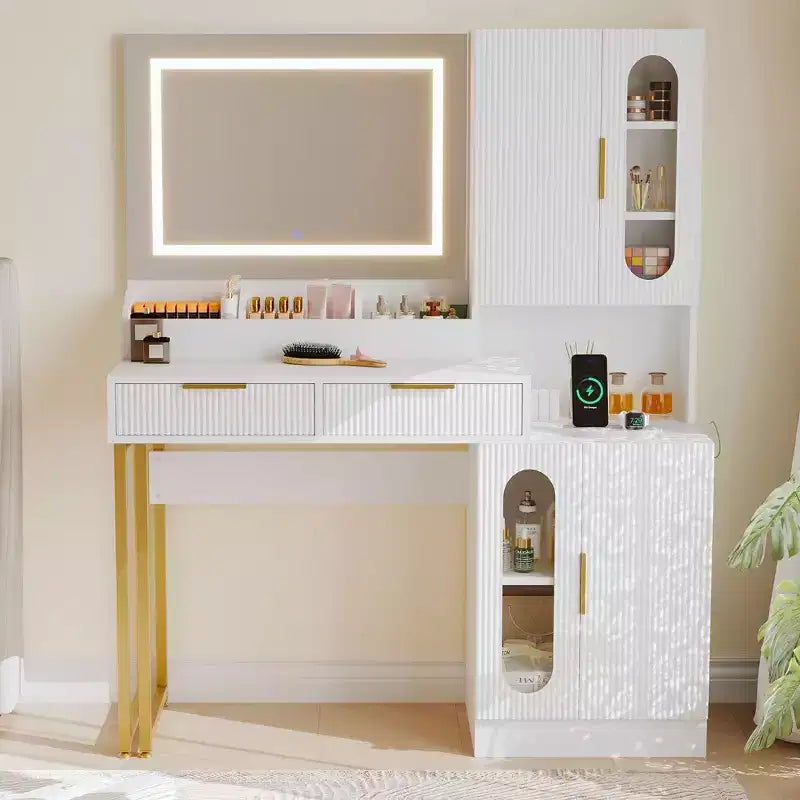 Fluted Vanity Desk with LED Mirror, Drawers and Cabinets