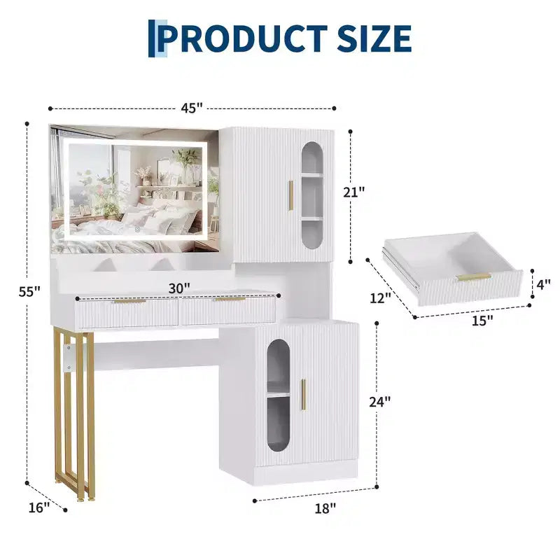Fluted Vanity Desk with LED Mirror, Drawers and Cabinets