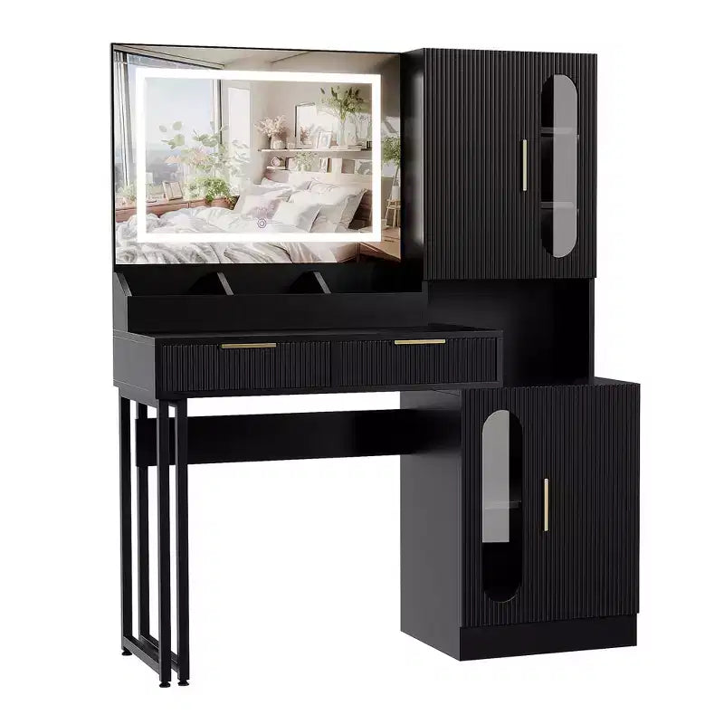 Fluted Vanity Desk with LED Mirror, Drawers and Cabinets