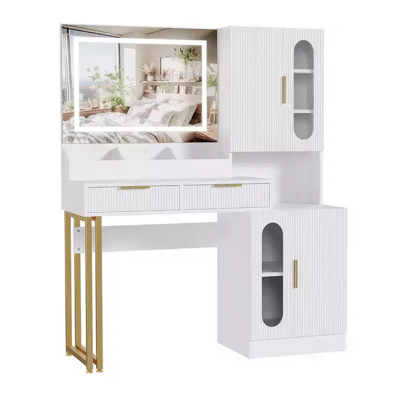 Fluted Vanity Desk with LED Mirror, Drawers and Cabinets