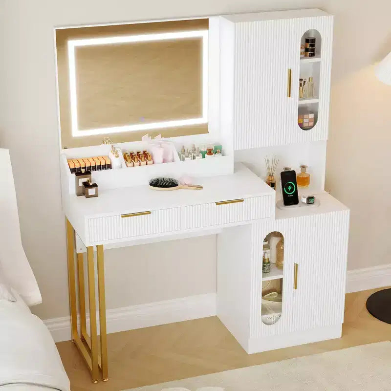 Fluted Vanity Desk with LED Mirror, Drawers and Cabinets