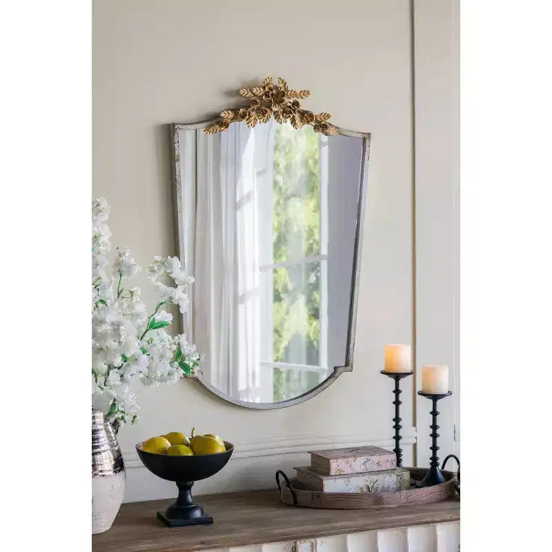 Octagon Arched Wall Mirror with Ivory Frame and Gold Floral Crown