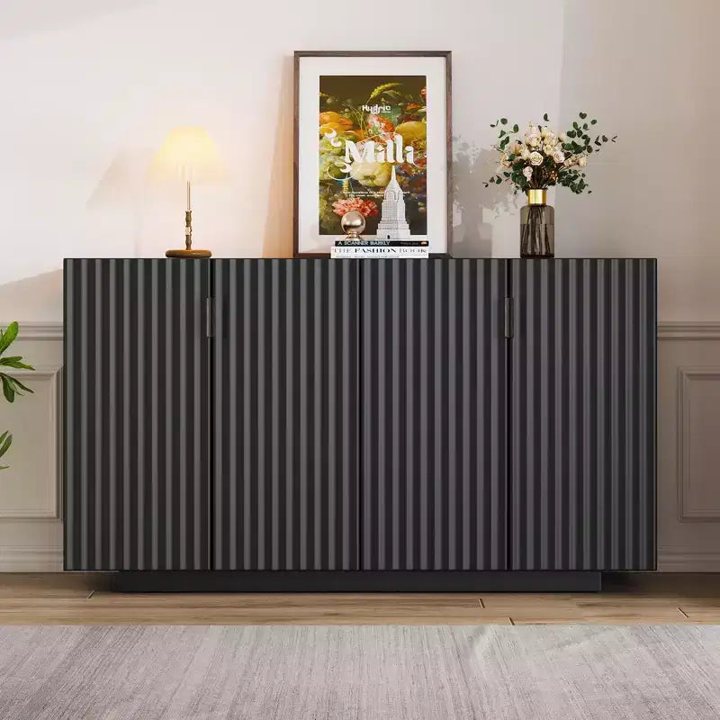 Buffet Cabinet with Storage – 4 Fluted Doors Sideboard with Adjustable Shelves