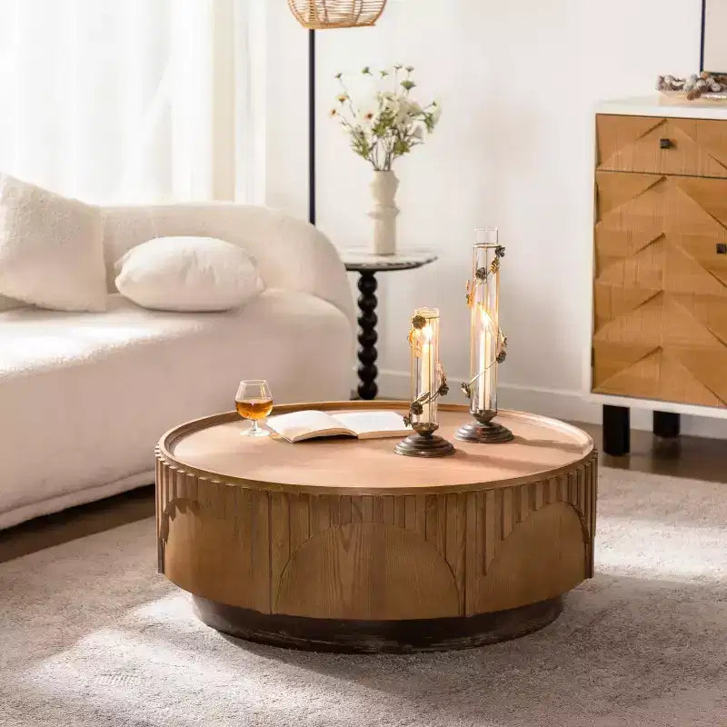 36-Inch Round Coffee Table with MDF Top and Wood Veneer Finish