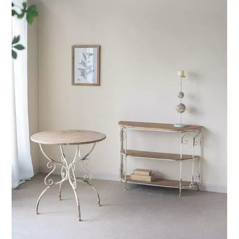 Round Wooden Table with Metal Scrollwork Legs White Finish 31.5x31.5