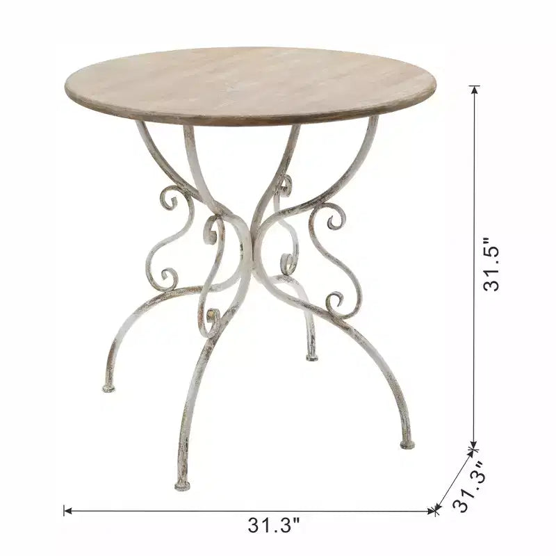 Round Wooden Table with Metal Scrollwork Legs White Finish 31.5x31.5