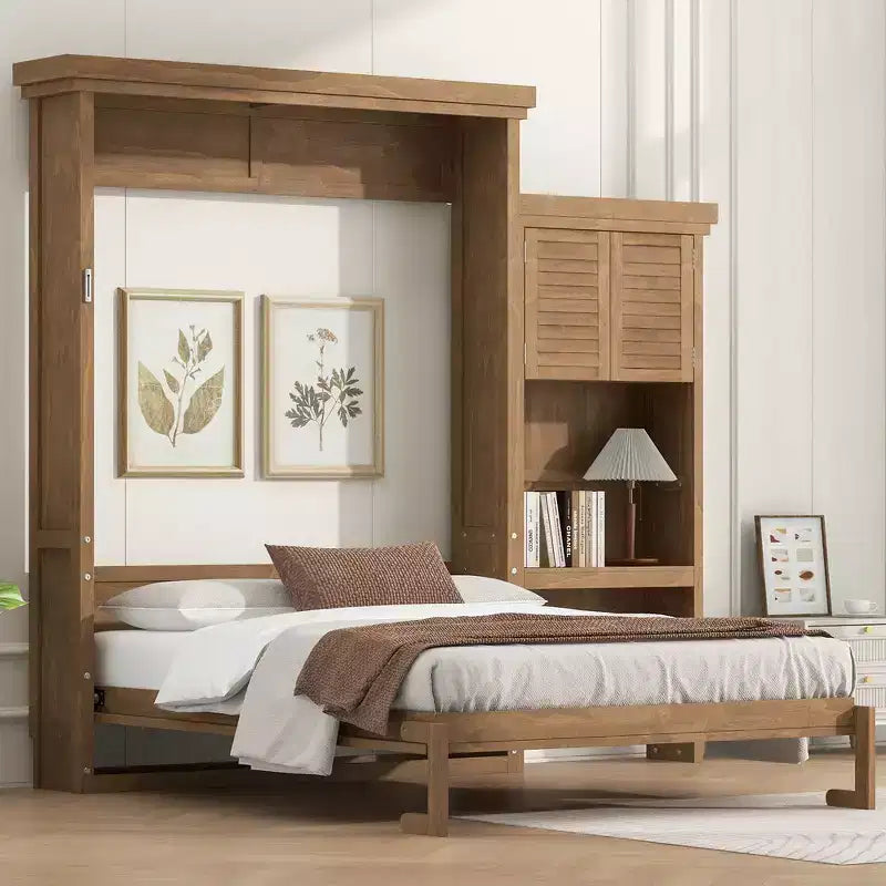 Queen Size Murphy Bed with Storage Shelves and Louvered Cabinet