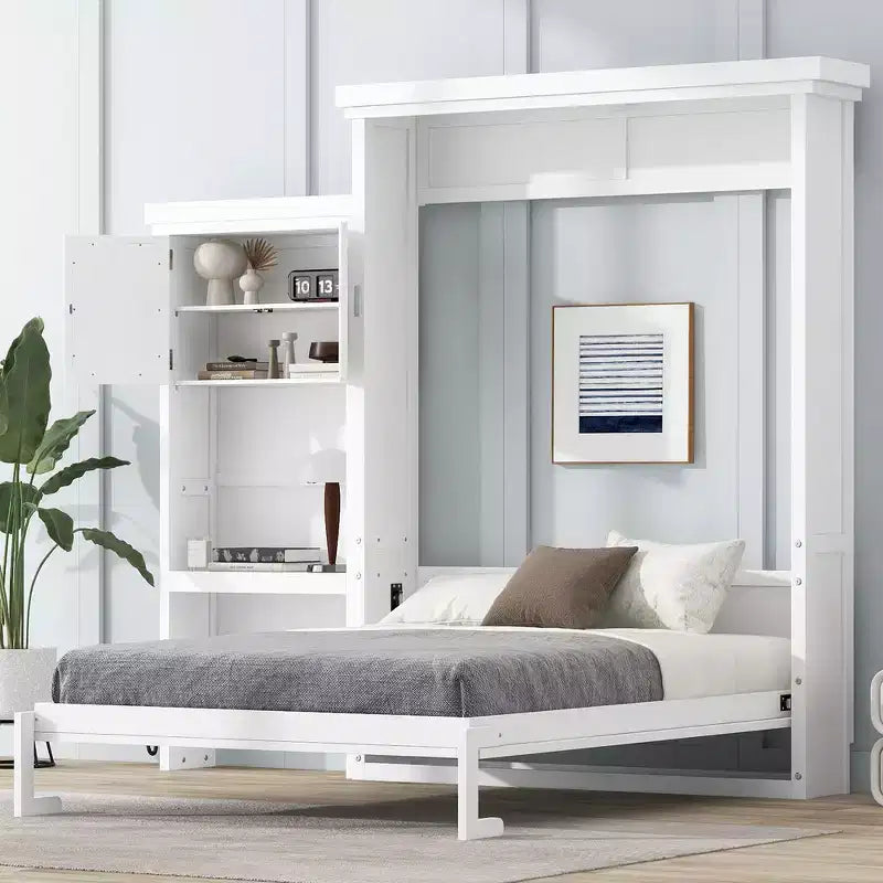 Queen Size Murphy Bed with Storage Shelves and Louvered Cabinet