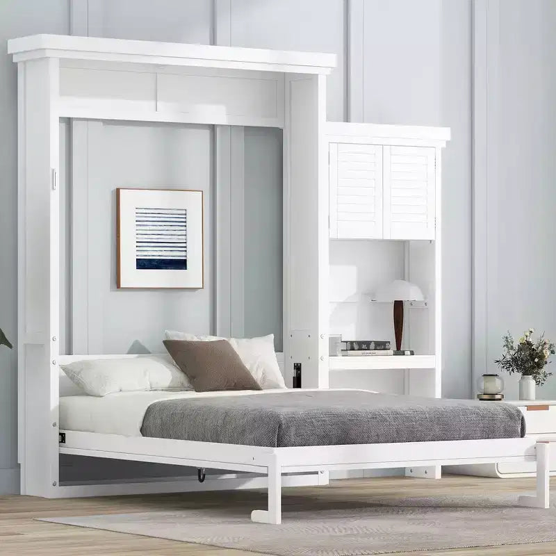 Queen Size Murphy Bed with Storage Shelves and Louvered Cabinet